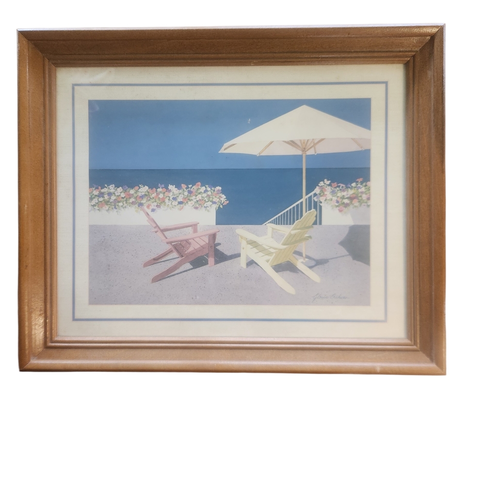 Gloria Eriksen Signed Print Of Two Chairs Overlooking The Ocean Framed Glass